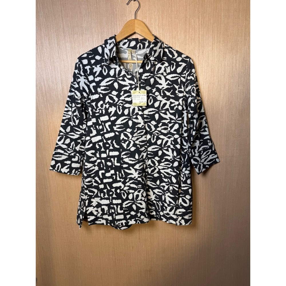 Comfy USA Artisans XS Claire Shirt Black White Abstract 3/4‎ Sleeve Top NWT